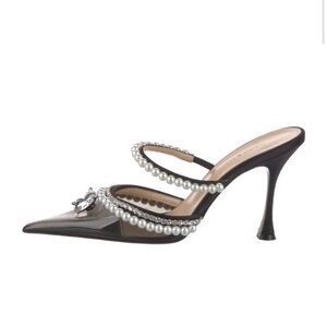 MACH & MACH Black Patent Pointed Pearl-Embellished Mule Heels